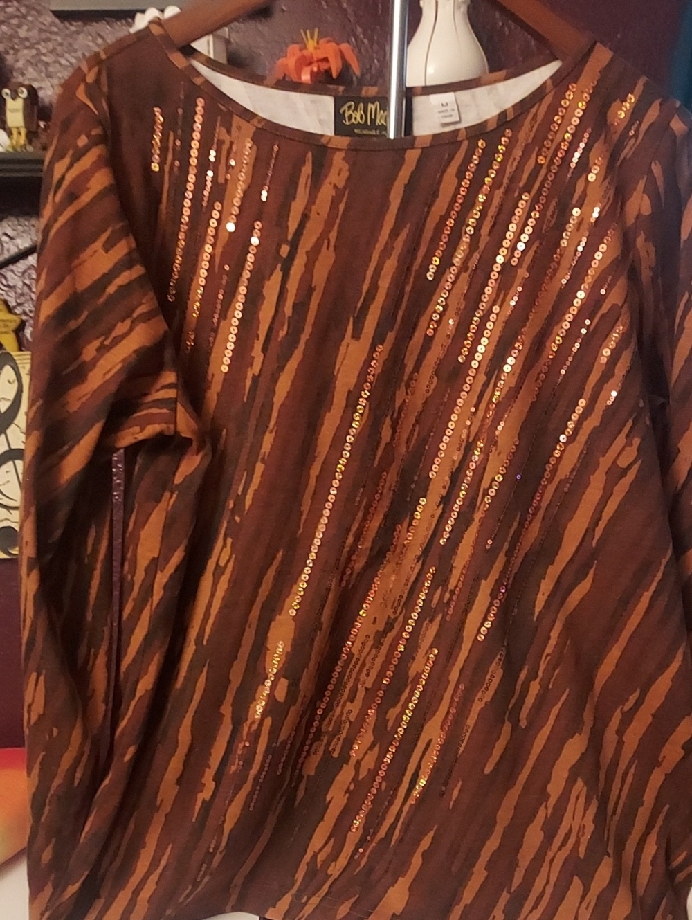 Bob Mackie Brown and Copper Sequin Striped Long Sleeve Top